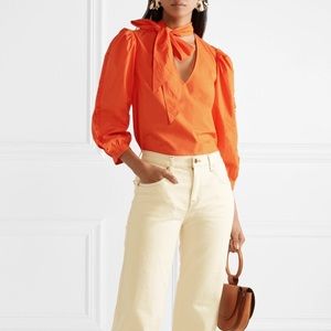 ULLA JOHNSON Julie Tie Neck Ruffled Sleeve Cotton Poplin Papaya Blouse Top, 8